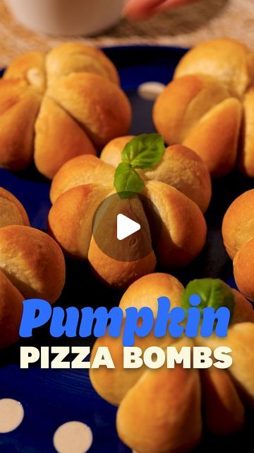 Pizza Dough Halloween Ideas, Pumpkin Pizza Halloween, Pizza Poppers, Bites Desserts, Spooky Movie Night, Pizza Bomb, Pumpkin Pizza, Dessert Bites, Pumpkin Stem