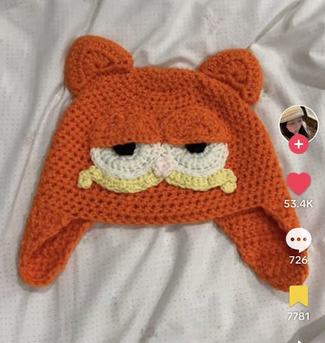 Domo Kun Crochet Hat, Crochet Fun Beanie, Garfield Crochet Hat, Crochet Domo Hat, Crochet Garfield Hat, Crochet Tongue, Funny Crochet Hats, Garfield Hat, Fun Crochet Hats