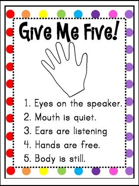 Give Me Five Poster, Give Me Five, Classroom Behavior Management, Behaviour Management, Classroom Management Ideas, Pre Kindergarten, Class Management, Classroom Behavior, Classroom Rules