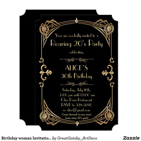 Birthday woman Invitation Any age, Art Deco Gatsby 1920s Party Invitations, Roaring 20s Invitation, Great Gatsby Invitation, Art Deco Birthday, Gatsby Birthday Party, 007 Casino Royale, Printable Wedding Program Template, Great Gatsby Style, Deco Wedding Invitations