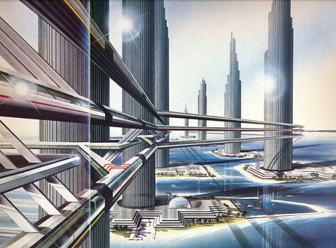 – painting from the book The World of Tomorrow (1980): 2. Peter Elson 1980 – (1983) 4. Cyber City by Tomoaki Okada Retro Futurism Atompunk, Minecraft City Buildings, Hawaii Wall Art, 70s Sci Fi Art, Sci Fi City, World Of Tomorrow, Fiction Movies, Film Posters Vintage, Cyberpunk City