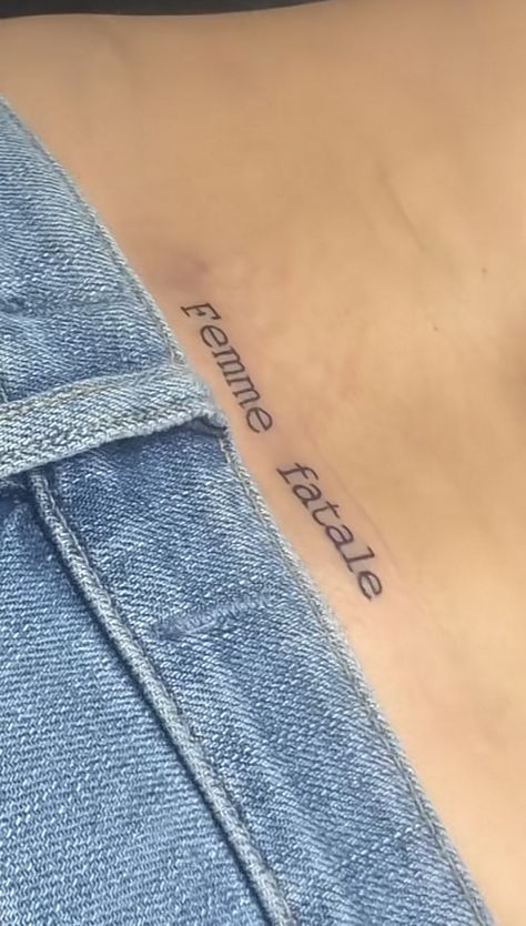 @lilyy.ella on tiktok Feme Fatale Tattoo, Femme Fatale Tattoo Ideas, Ella Purnell Tattoo, Fairy Tail Tatoos Ideas, Femme Fatale Quotes Inspiration, Feme Fatale Quotes, Tattoo Quotes, Tatting, Tattoos