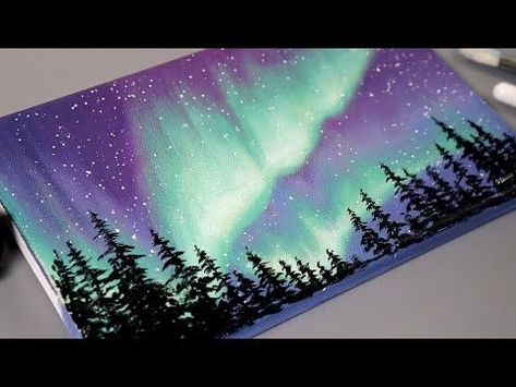 Aurora Painting Northern Lights, How To Paint Aurora, Northen Lights Painting Tutorial, Aroura Borealis Painting, Aurora Watercolor Painting, Aurora Borealis Painting Tutorial, How To Paint Northern Lights Watercolor, Painting Northern Lights Acrylic, How To Paint Aurora Borealis