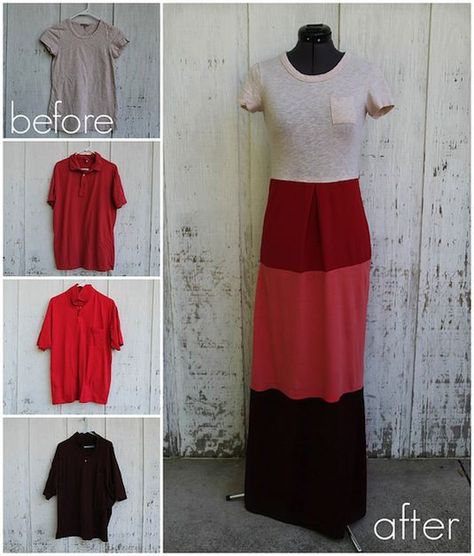 33 Clever Ways To Refashion Your Clothes: So cute!! And all pretty simple too! I need to do this with some of my skirts and tees! Gamle T Shirts, Shirt Dress Diy, Recycling Clothes, Sukienki Maksi, Robe Diy, Diy Clothes Refashion, Color Block Maxi Dress, Diy Vetement, T-shirt Refashion