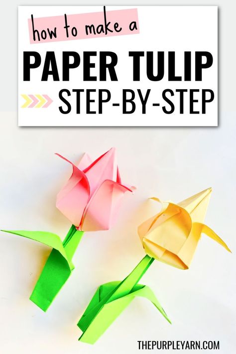 Step-by-step tutorial to make an easy paper tulip for kids and beginners. Learn how to fold an Origami tulip with stem and leaf. Origami Star Instructions, Flower Crafts Preschool, Tulip Origami, Origami For Kids, Easy Origami Flower, Easy Origami For Kids, Origami Step By Step, Kids Origami, Origami For Beginners