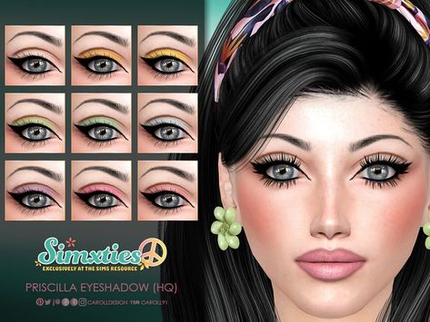 A 9-swatch graphic eyeshadow with bold black eyeliner in 60s colour palette for The Sims 4. 60s Eyeshadow, Mod Eyeshadow, 50s Makeup, Sims 4 Decades Challenge, 60s Makeup, Sims 4 Tattoos, Makeup Cc, 50 Makeup, Pelo Sims