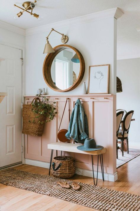 Diy Blush, Hall Ways Ideas, Small Hallway Ideas, Apartment Entryway, Board And Batten Wall, Small Entryways, Hallway Ideas Entrance Interior Design, Small Hallways, Small Entryway