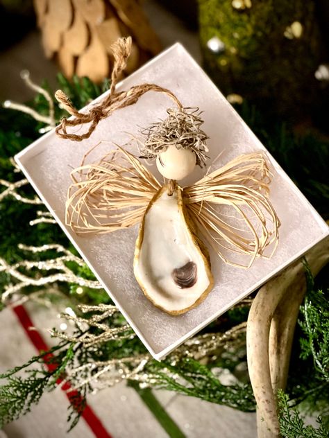 Oyster ornament with wings and halo Oyster Shell Angels, Oyster Shell Angel Ornaments, Womens Gathering, Oyster Angel, Seashell Angels, Shell Angels, Oyster Crafts, Sea Stuff, Oyster Art