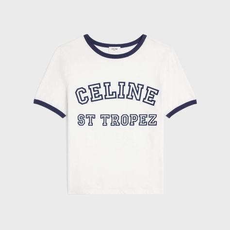 St Tropez 70's T-shirt in cotton jersey - Off White / Navy | CELINE Celine Tshirt, 70s T Shirts, Nightclub Design, 2022 Ss, Next Fashion, St Tropez, Flocking, Cali, Womens Tees