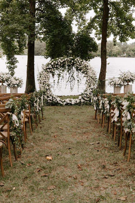 Enjoy a beautiful Lakeside Ceremony at our Venue.   Photographer: Rachel Deeb  #EventVenue #Weddings #CherokeeDock #Tennessee #PartyVenue #EventPlanning #EventSpace #SpecialEvents #WeddingDay #WeddingInspo #SpringWedding #SummerWedding #FallWedding #WinterWedding #LuxuryWedding #EstateVenue Garden Lake Wedding, Lake Venue Wedding, Lakeside Wedding Aesthetic, Lake Front Wedding Ideas, Lakehouse Wedding Ideas, Lake Front Wedding Ceremony, Dock Wedding Ceremony, Fall Lake Wedding, Lake Side Wedding