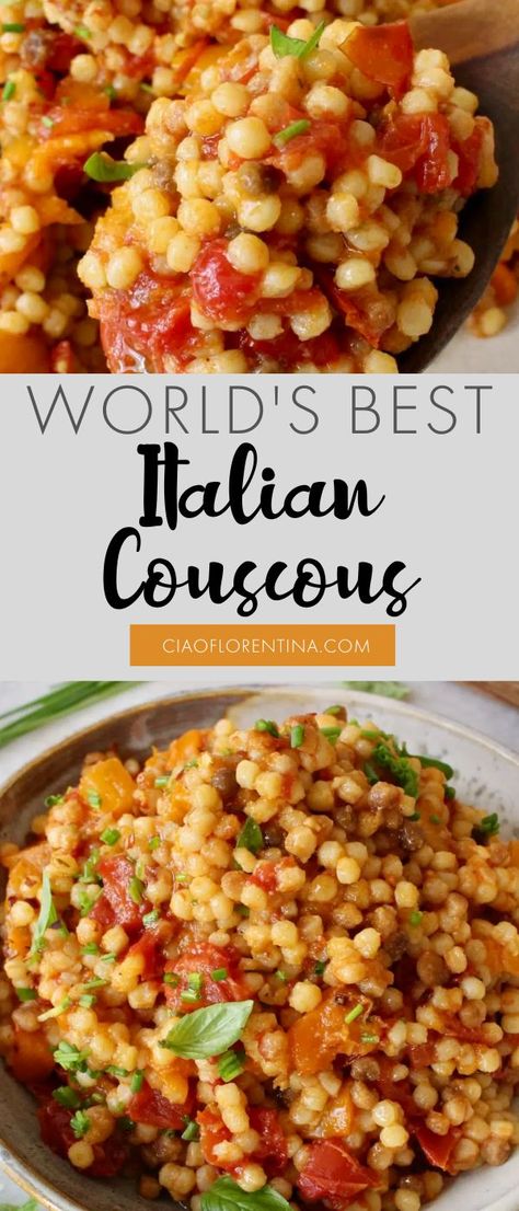 Italian Couscous, Ciao Florentina, Pearl Couscous Recipes, Burst Tomatoes, Pearl Couscous Salad, Couscous Salad Recipes, Chicken Couscous, Couscous Recipe, Med Diet