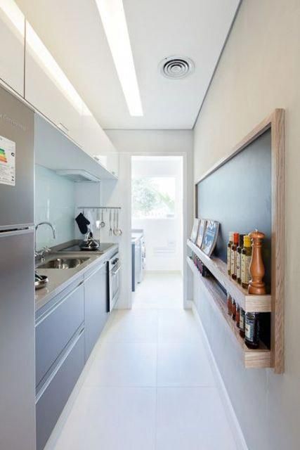 stylish-and-functional-narrow-kitchen-design-ideas0                                                                                                                                                                                 More #smallkitchenideas Long Narrow Kitchen Layout, Narrow Kitchen Layout, Narrow Kitchen Design, Open Galley Kitchen, Long Narrow Kitchen, Long Kitchen, Galley Kitchens, Narrow Kitchen, Small Kitchen Decor