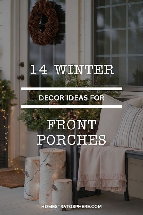 An inviting front porch winter decor arrangement with a bench, blanket, and birch logs, highlighted by soft lighting and pine branches. Exterior Porch Christmas Decor, Front Entrance Decor Ideas, Winter Entrance Decor, Wood Crate Front Porch Decor, Winter Decor Ideas For The Home Outside, Winter Decor Front Porch Non Christmas, Modern Front Porch Christmas Decor Ideas, Simple Front Door Christmas Decor Ideas, Front Porch Winter Decor Ideas Farmhouse