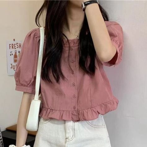 Sienne - Puff-Sleeve Ruffle Hem Blouse | YesStyle Blouse 2023, Egirl Clothes, Pastel Goth Fashion, Youth Clothing, Puff Sleeve Crop Top, Chiffon Fashion, Summer Blouse, Elegant Blouses, Ruffle Shirt