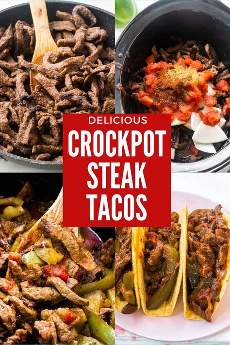 These easy Slow Cooker Steak Tacos are a great dinner that you can set and forget using your crockpot. Simply combine sirloin steak, seasonings, peppers, and onions for a tender beef taco that’s tortilla-ready. Great for weeknight dinners and delicious leftovers! Crockpot Beef Sirloin Steak, Beef Fajitas Crockpot, Steak Tacos In Crockpot, Steak Fajitas Crockpot Easy, Leftover Steak Crockpot Recipes, Steak Taco Crockpot Recipes, Steak Tacos Recipes Crockpot, Steak Tacos Crockpot Slow Cooker, Sirloin Steak Crockpot Recipes