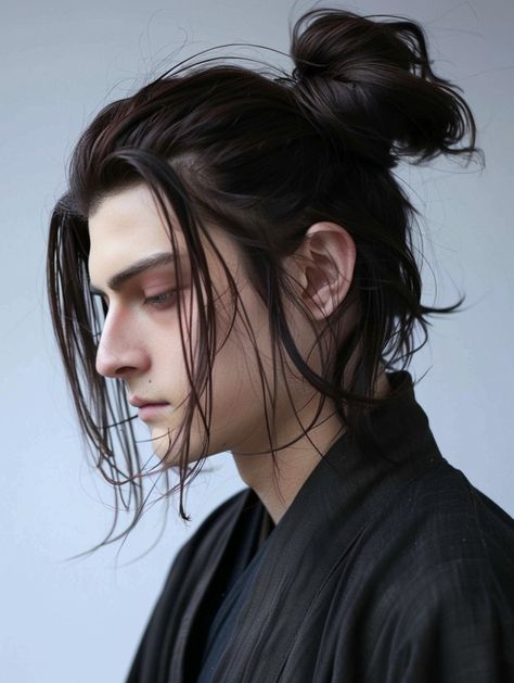 Long Straight Hair For Men, Anime Manbun, Long Braids For Men, Long Dark Hair Men, Man Long Haircut, Long Hair Boy Hairstyles, Eren Hairstyle, Eren Yeager Hairstyle, Men Hairstyles Long