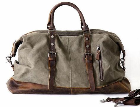 Men's Leather & Canvas Duffle Bag Vintage for Luggage, Travel, Weekender - Army Green Canvas Duffle Bag Men, Waxed Canvas Duffle Bag, Travel Messenger Bag, Vintage Messenger Bag, Canvas Duffle Bag, Hipster Bag, Canvas Leather Bag, Leather Weekender Bag, Leather Duffle Bag