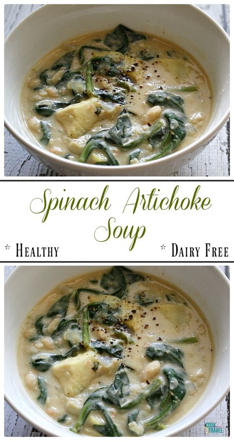 Artichoke Spinach Soup, Cream Of Artichoke Soup, Canned Artichoke Heart Recipes, Spinach Artichoke Soup, Artichoke Soup, Cheese Vegan, Happy Eating, Soup Ingredients, Garlic Soup