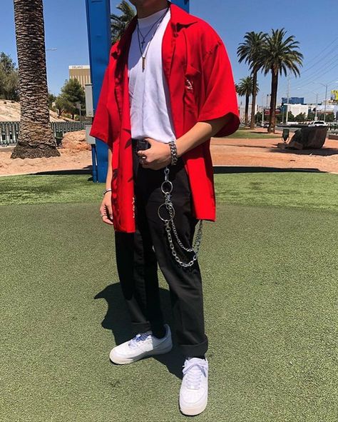 Red And Black Guy Outfits, Red Black Streetwear, Red And White Outfits Men, Red Rave Outfit Men, Red Outfits For Men Casual, Red And Black Streetwear Outfit Men, Red Outfits Men Street Style, Red Kpop Outfits Male, Aesthetic Red Outfits Men