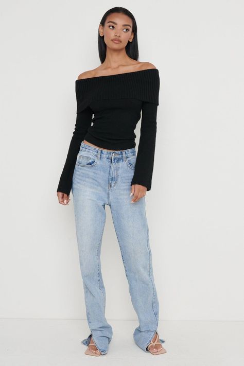 A black knit top is a versatile piece that can be dressed up or down for any occasion. Pair it with jeans and boots for a casual look, or dress it up with a skirt and heels for a more formal event. #fallfashion #knittop Off Shoulder Top Outfit Casual Jeans, Off Shoulder Top Outfit Casual, Black Off Shoulder Top Outfit, Jeans And Black Top, Maximal Minimalism, Smart And Casual, Off The Shoulder Top Outfit, Shoulder Tops Outfit, Black Off Shoulder Top