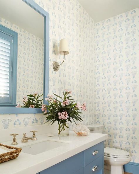 Bathroom Gray Vanity, Crab Wallpaper, Blue Bath Vanity, Blue Powder Room, Andrew Howard, Katie Ridder, Gray Bathroom Walls, Gold Ornate Mirror, Bathroom Gray