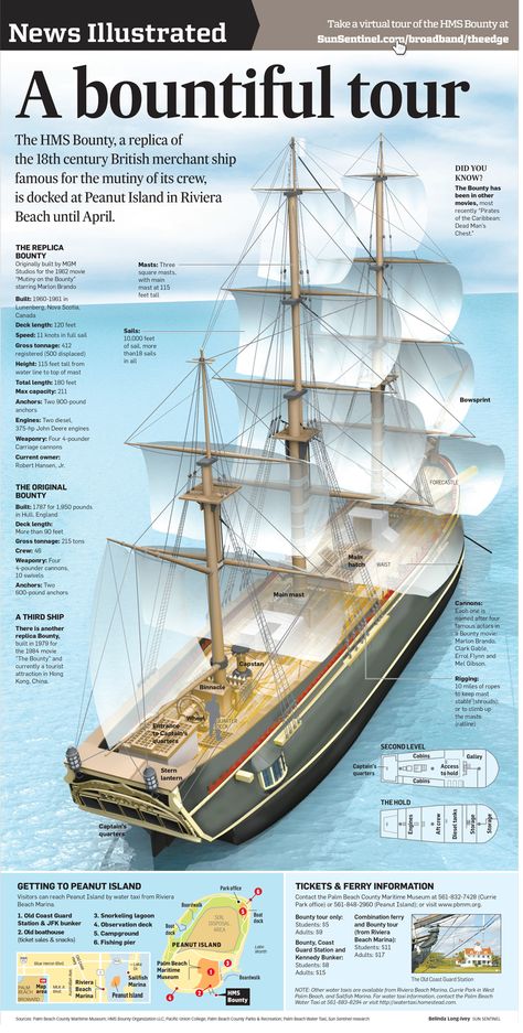 HMS Bounty Ship infographic detailing the replica of the 18th century British merchant ship famous for the mutiny of its crew. Naval Ship Concept, Ship Infographic, 18th Century Ship, Infographic Diagram, Merchant Ship, Hms Bounty, Britannic Ship, Pirate History, Model Boats Building