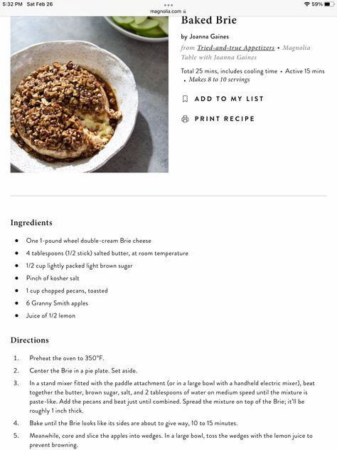 Joanna Gaines Pecan Brie, Magnolia Table Baked Brie, Joanna Gaines Baked Brie, Brie With Pecans, Pecan Brie, Joanna Gaines Recipes, Magnolia Table, Empanadas Recipe, Brie Cheese