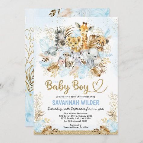 $3.08 | Tropical Boho Safari Baby Boy Blue Gold Shower - lion zebra buffallo meerkat, boho tropical leaves, jungle animals party, wilderness african native wildlife, boy baby shower sprinkle, wild one on his way, safari leopard print, giraffe elephant cheetah hippo, blue gold greenery foliage, sparkly glitter confetti Safari Baby Boy, Boho Safari, Jungle Animals Party, Animals Party, Safari Baby Shower Invitations, Tropical Boho, Boho Tropical, Gold Shower, Baby Shower Supplies