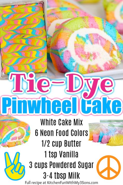 This Tie-Dye Pinwheel Cake is a great and colorful dessert. This tie dye cake is so fun and unique!  Not only is this recipe so much fun to make, but turns out so pretty when you are done. I love how it looks like a pinwheel. It's so easy to make and perfect for summer or any other party, picnic, or gathering. Tye Dye Snacks, Tie Dye Food Ideas Birthday, Tie Dye Pretzels, Tye Dye Party Food, Tie Dye Snacks, Tie Dye Desserts, Tie Dye Birthday Party Ideas Decorations, Tie Dye Party Ideas, Tie Dye Birthday Party Ideas