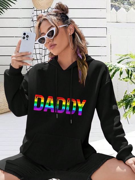 Daddy Gay Pride Month LGBTQ Fathers Day Flag Queer Big Size Women Hoodie (Bisexual Dad Daddy Gay Lesbian) Black Casual  Long Sleeve Knitted Fabric Cartoon,Letter Pullovers Medium Stretch Fall/Winter Women Clothing, size features are:Bust: ,Length: ,Sleeve Length: Gay Pride Month, Cartoon Letters, Pride Month, Gay Pride, Long Sleeve Knit, Winter Women, Black Casual, Hoodies Womens, Sweatshirts Women