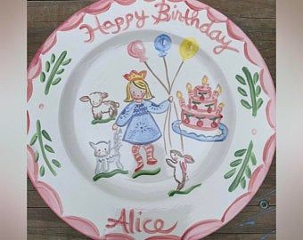 Whimsical European Style Folk Art by tricialowenfield on Etsy Name Plate Design, Its A Boy Balloons, Baby Plates, Baby Bowls, Birthday Plate, Personalized Plates, Birthday Name, Hand Painted Plates, Family Birthdays