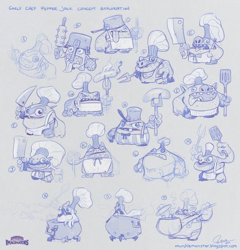 ArtStation - Early Chef Pepper Jack Concept Sketches, Jeff Murchie Skylanders Trap Team, Cute Monsters Drawings, Concept Sketches, Slumber Party Games, Toy Design, Cartoon Sketches, Character Sketches, Skylanders, Pepper Jack