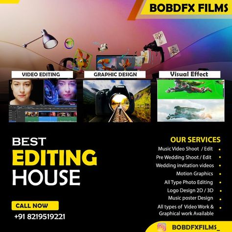 Our Services 🎬 #bobdfxfilms Music Video Shoot / Edit Pre Wedding Shoot / Edit Wedding invitation videos Motion Graphics All Type Photo Editing Logo Design 2D / 3D Music poster Design All types of Video Work & Graphical work Available Photo Editing Logo, Editing Logo, 3d Music, Music Video Shoot, Best Video Editing, Video Editing Services, Music Poster Design, Wedding Invitation Video, Pre Wedding Shoot