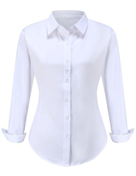 Womens Button Up Shirt White, White Work Shirts For Women, Ladies Shirt Design Long Sleeve, White Button Shirt Women, Long Sleeve Shirt Design Ideas, Classic White Shirt Women, How To Style White Long Sleeve Shirt, Formal White Shirt Women, Long Sleeve Button Up