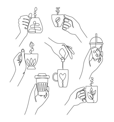 Continuous line drawing of hands holding assorted cups of tea of coffee. Concept of a hot drink. Great for card, party invitation, print, menu, logo, poster. Sketch, line art. Minimalism. Vector Hand Holding Coffee Cup Drawing, Cup Of Coffee Vector, Tea Cup Line Drawing, Holding Cup Illustration, Mug Drawing Reference, Coffee Cup Illustration Design, Hand Holding Cup Reference, Drawing Of Hands Holding, Hands Holding Coffee