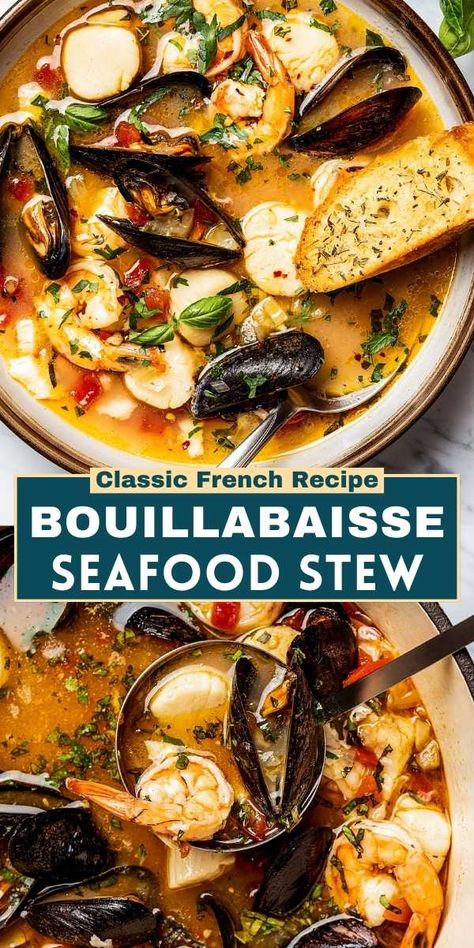 Make a French classic with our Bouillabaisse recipe, inspired by Julia Child. This authentic seafood stew combines the freshest ingredients and traditional Provençal flavors, and it's SO perfect for seafood lovers. Healthy Seafood Soups And Stews, Inexpensive Seafood Recipes, French Bouillabaisse Recipe, French Seafood Soup, Bouliabais Seafood, Bouliabais Recipe, Seafood With Rice, French Shrimp Recipe, Portuguese Seafood Recipes