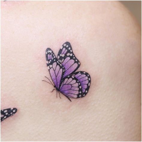 Light Purple Tattoo, Purple Butterfly Tattoos, Small Purple Tattoo, Colour Butterfly Tattoo, Side Butterfly Tattoo, Green Butterfly Tattoo, Shaded Butterfly Tattoo, Purple Ink Tattoo, Butterfly Tattoo Colorful