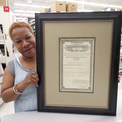 This customer found her grandparents' marriage certificate and brought it to us to frame. I love how we used the silver rope fillet to dress up the mat and again to dress the frame. It adds an affordable elegance in place of a more expensive frame. Framing by Michaels in Trussville, Alabama. #wedding #vintageart #icanframethat Vintage Marriage, Alabama Wedding, Marriage License, Marriage Certificate, Display Ideas, Alabama, Vintage Art, Dress Up, Bring It On