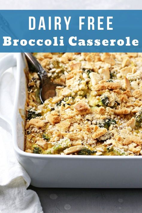 Creamy, cheesy and super cozy, this dairy free broccoli casserole is a fantastic side dish for the holidays or colder weather! With flavorful fresh veggies, a dreamy cashew based sauce and a crispy cracker topping for the ultimate finishing touch, it’s comfort food at its finest. Vegetarian with a gluten free option. Dairy Free Vegetable Casserole, Dairy Free Side Dishes For Thanksgiving, Dairy Free Broccoli Casserole, Dairy Free Casseroles, Dairy Free Thanksgiving Recipes, Dairy Free Thanksgiving, Dairy Free Recipes Dinner, Broccoli Cheese Casserole, Veggie Casserole