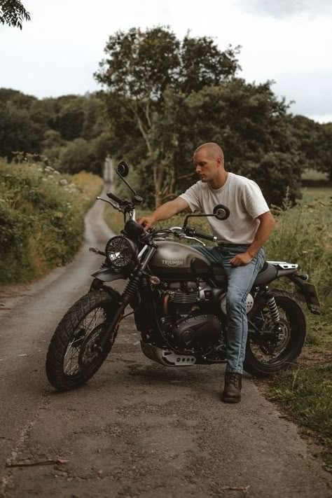 Vintage Motorcycle Aesthetic, Triumph Street Scrambler, Biker Photos, Motorbike Clothing, Biker Photography, Cafe Racer Design, Industrial Blue, Biker Photoshoot, Motorcycle Photography