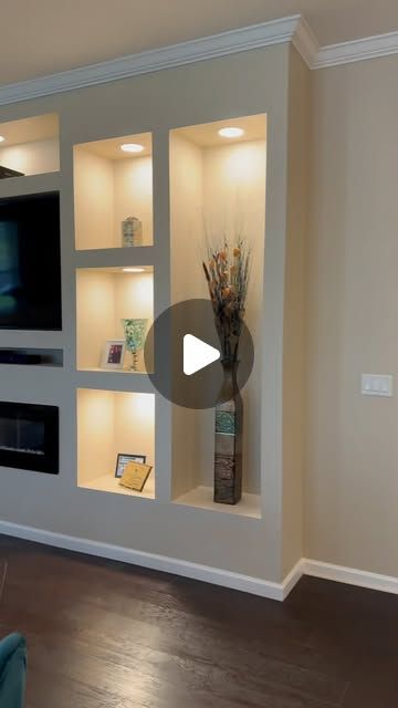 Bryant Holley on Instagram: "This is my art 🖼️ 
 
#tvwall #tvwalldesign ##mediawall #carpenter #jacksonvillefl #duval #904 #smallbusinessowner #handyman @ryobitoolsusa #explore #explorepage #dewalt #paslode #framing #handyman" Media Wall With Fireplace And Tv Stone, How To Build Fireplace Tv Wall Diy Ideas, Tv Shelves Decor, Bedroom Media Wall Ideas, Tv Wall Design With Fireplace, Built In Tv Wall, Wall Cubbies, Tv Built In, Living Room Wall Units