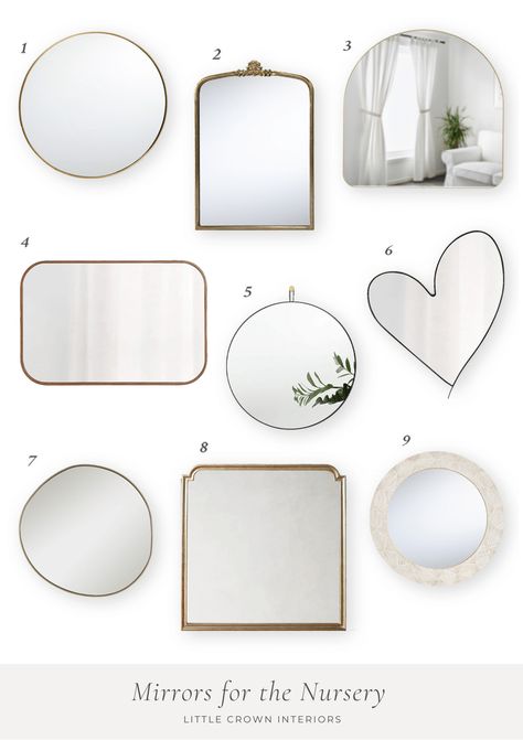 Perfect nursery mirrors, find the right size and tips to safely install. Mirrors for the Nursery with Tips and Favorites - Little Crown Interiors Nursery Room Mirrors, Nursery Gallery Wall With Mirror, Mirror Over Nursery Dresser, Arch Mirror Nursery, Nursery Room Mirror, Mirror Above Crib, Mirrors For Nursery, Nursery Mirror Over Changing Table, Baby Boy Nursery Mirror