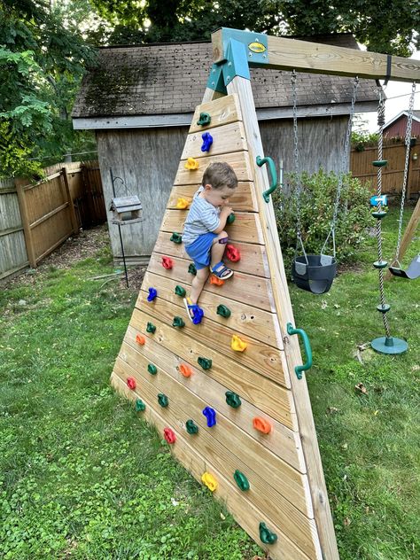 Adding a Climbing Wall to an A-frame Swing Set – Chuck Grimmett Ideas Para Decorar Jardines, Kids Backyard Playground, Play Area Backyard, Backyard Kids Play Area, Outdoor Play Areas, Diy Playground, Kids Outdoor Play, Natural Playground, Backyard Playground