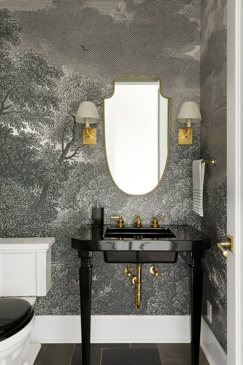 Black Powder Room, Wallpaper Powder Room, Black And White Bathroom, Powder Room Wallpaper, Powder Room Decor, Powder Room Design, Bathroom Wallpaper, Room Wallpaper, A Mirror