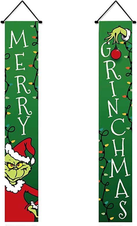 Porch Sign Christmas, O Grinch, Grinch Christmas Party, Outside Christmas Decorations, Grinch Party, Christmas And Winter, Christmas Yard, Hanging Banner, Christmas Banners