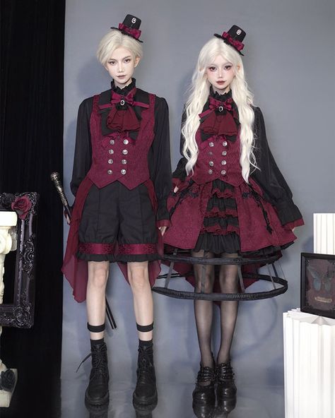 New Release: CastleToo 【-The Devil Twins-】 【Black X Red Colorway】 #Gothic #Ouji Lolita Blouse, Vest, Shorts and Skirt  ◆ Shopping Link >>> https://lolitawardrobe.com/castletoo-the-devil-twins-black-x-red-colorway-gothic-ouji-lolita-blouse-vest-shorts-and-skirt_p8315.html Gothic Ouji Fashion, Demon Fashion, Outfits For Twins, Aristocrat Vest, Demon Clothes, Devil Outfit, Vampire Outfits, Gothic Harajuku Fashion, Devil Inspired