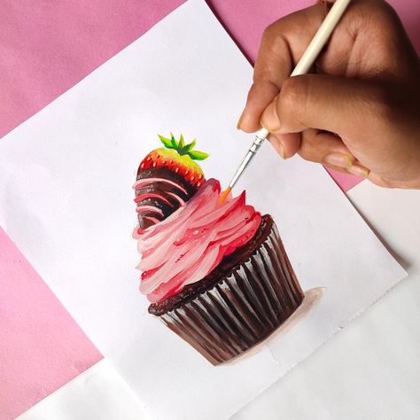 Pastry Painting Acrylic, Paintings Of Cakes Acrylic, Slice Of Cake Painting, Cupcake Canvas Painting, Realistic Cupcake Drawing, Painted Cupcakes Acrylic, Cupcake Painting, Food Art Painting, Chocolate Strawberries