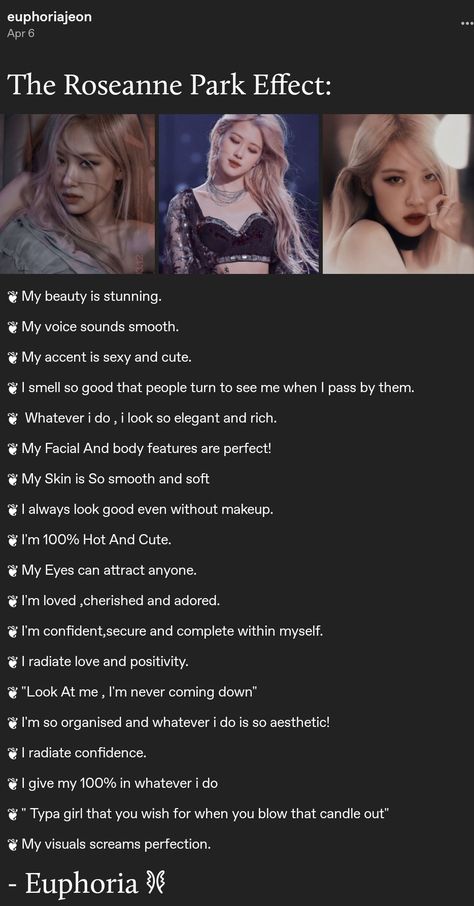 My Tumblr posts #kpop #blackpink #rosé #affirmations Kpop Idol Glow Up Tips, Pretty Voice Affirmation, Kpop Idol Affirmation, Elegant Affirmations, Kpop Affirmations, Tumblr Affirmations, Kpop Idol Dream, Voice Affirmations, Subliminal Results Skin