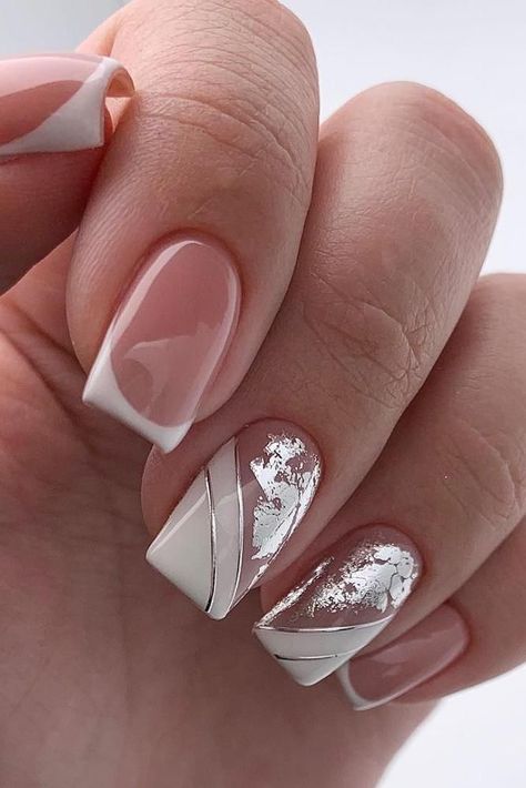 30 Pinterest Nails Wedding Ideas You Will Like ❤ pinterest nails original french with white and silver foil effect lyasha_nevskaya #weddingforward #wedding #bride #weddingnails #pinterestnails Pinterest Nail Ideas, Nails Original, Unghie Nail Art, Pinterest Nails, Her Nails, Nails Wedding, Nail Art Wedding, White Nail, Foil Nails