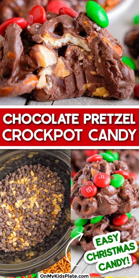 Easy and delicious, this chocolate pretzel crockpot candy is perfect for holiday parties, gifts or to add to Christmas cookie platters. This delicious candy is so good, and easy enough kids can help make it. Christmas Candy Recipes With Pretzels, Crockpot Bark Candy, Homemade Candy Gifts Packaging, Crockpot Cookies Christmas, Christmas Crockpot Candy Recipes, Easy Christmas Treats Crockpot, Crockpot Pretzel Bark, Fun Christmas Snacks For Kids To Make, Crockpot Candy With Pretzels